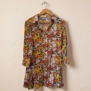 Natural Life Boho Floral Mini Shirt Dress Sz M Button Front Twiggy Retro Hippie